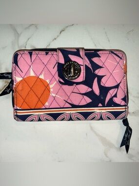 Vera Bradley Zip Around Wallet Pink Blue Print RFID Card Organizer